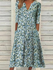Women's Casual Dress Floral Dress Midi Dress Blue Purple Green Half Sleeve Floral Ruched Summer Spring V Neck Stylish Vacation S M L XL XXL 3XL