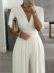Women's Jumpsuit Solid Color V Neck Elegant Office Daily Straight Regular Fit Half Sleeve Bell Sleeve Black White Red S M L Summer