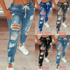 Drawstring Denim Jeans Women Ripped Hole Stretch Jean Sexy  Slim High Waist Ladies Plus Size Full Length Pencil Pants