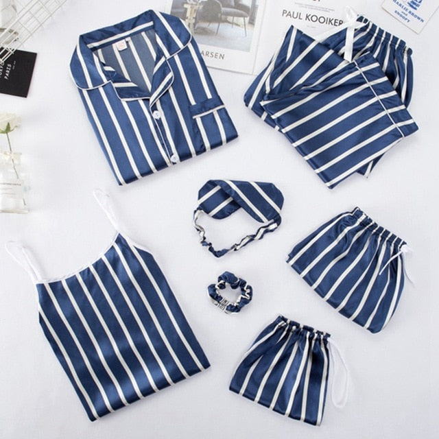 JULY'S SONG Pink 7 Pieces Women's Pajamas Sets Faux Silk Striped Pyjama Women's Pajamas Sleepwear Sets Spring Summer Homewear