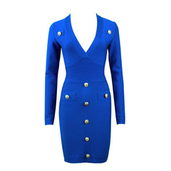 Women's Long Sleeve Sexy Deep V-neck Gold Buttons Bandage Elegant Vestidos Evening Party Fall Winter Dress 8392