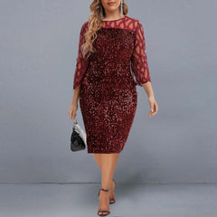 Women's Dress Elegant Sequin Evening Party Dresses Spring Mesh Patchwork Casual Midi Dress Wine Red Wedding Club Outfits