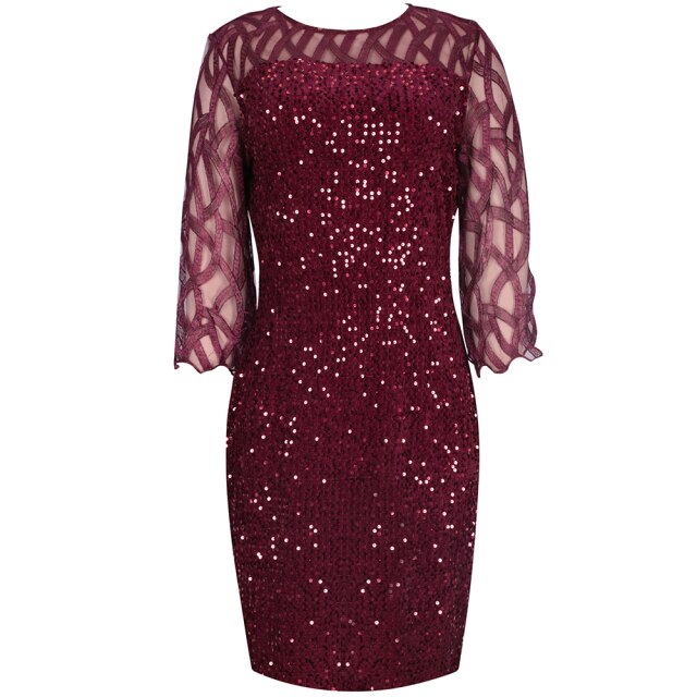 Women's Dress Elegant Sequin Evening Party Dresses Spring Mesh Patchwork Casual Midi Dress Wine Red Wedding Club Outfits