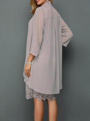 Women's Lace Dress Dress Set Two Piece Dress Midi Dress Light Grey 3/4 Length Sleeve Pure Color Lace Summer Spring Fall Square Neck Elegant Wedding Guest Vacation S M L XL XXL 3XL 4XL 5XL 6XL