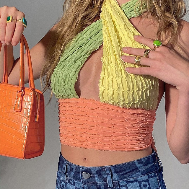 Women's Cross Front Halter Crop Top T-shirt Graphic Tie Back Halter Tee Y2K Clubwear Street Style Summer