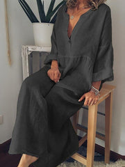 Women's Casual Dress Cotton Dress Shift Dress Maxi long Dress Cotton Casual Winter Dress Daily Holiday Split Neck Button Rolled Cuff Long Sleeve Spring Fall Winter Loose Fit Black White Yellow