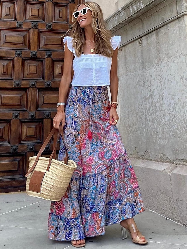 Women's Swing Long Skirt Maxi Polyester Pink Skirts Print Fashion Holiday Weekend S M L